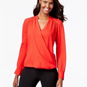 INC, size 4, red sparkly, v neck, criss cross long sleeve blouse, light weight